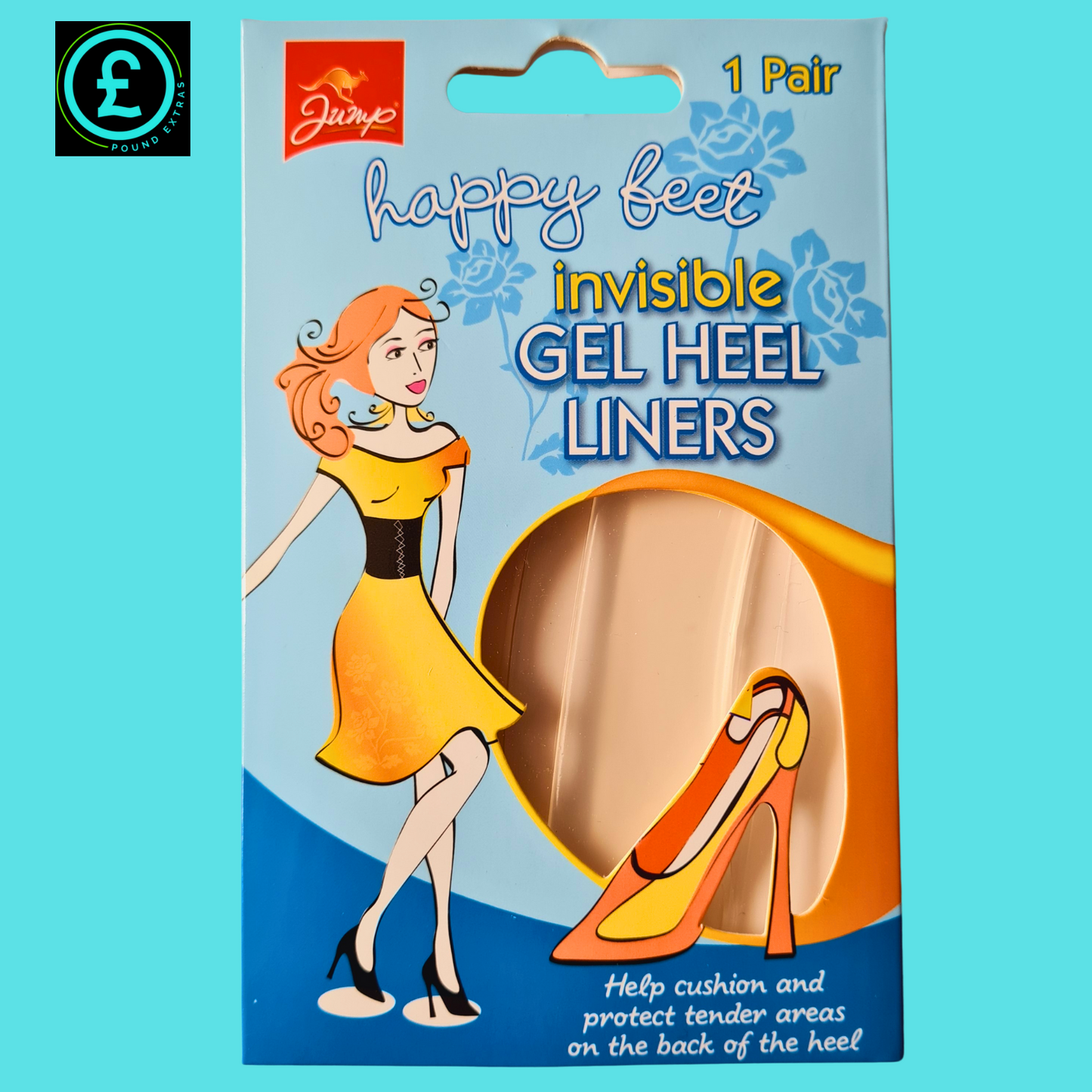 Packaging of 'happy feet' invisible gel heel liners with a cartoon woman and high-heeled shoe illustration.