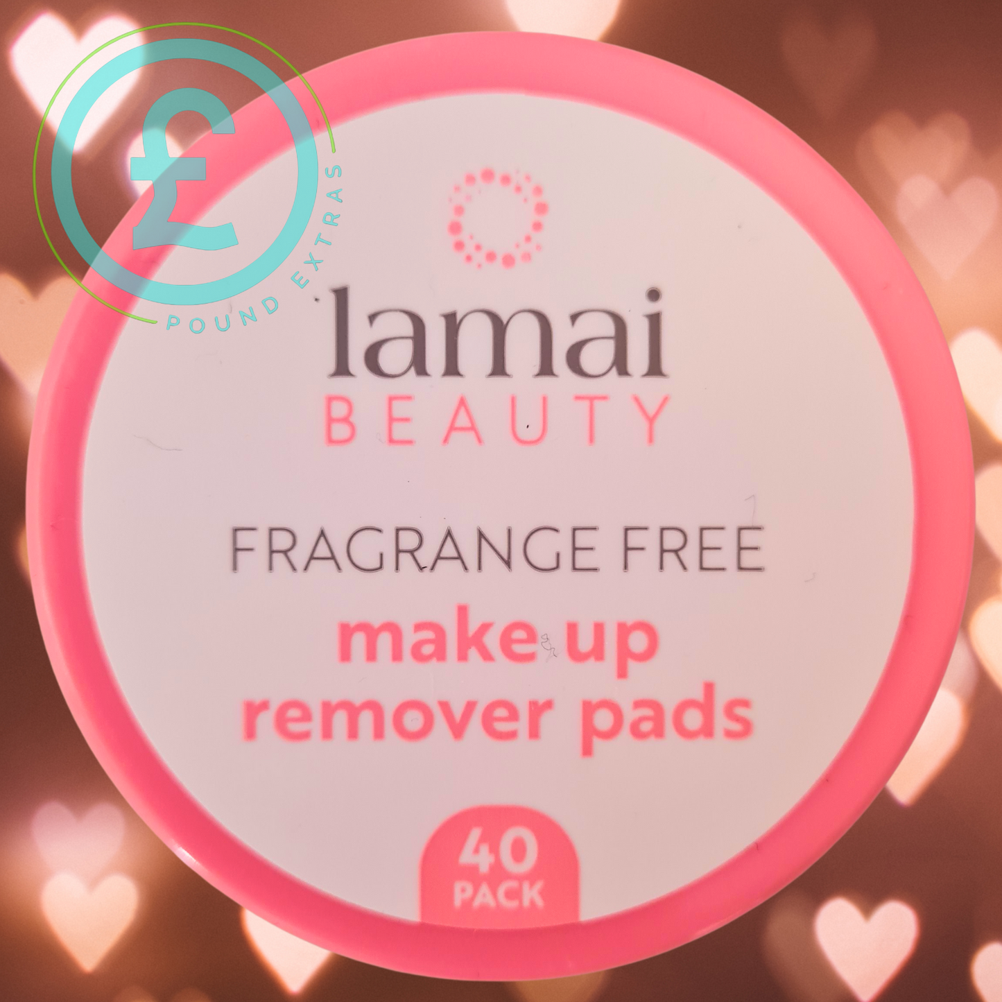 Make-up remover pads container with 'lamai Beauty' branding on a heart-themed background