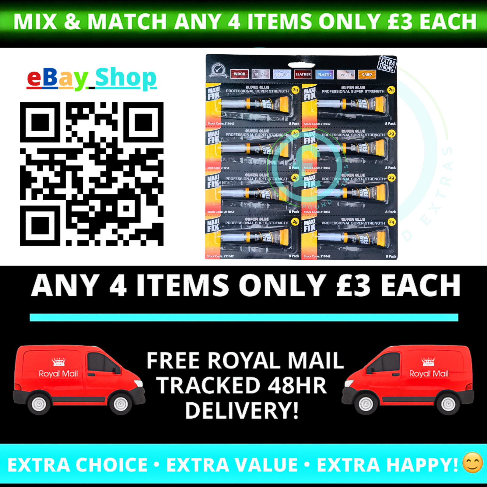 Promotional advertisement for eBay Shop with tool sets, QR code, and Royal Mail delivery information.