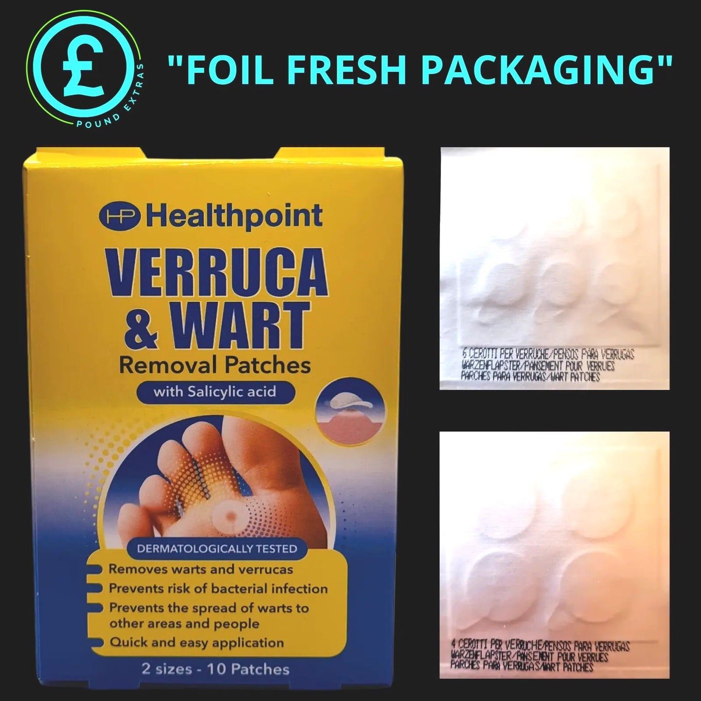 Healthpoint verruca and wart removal patches packaging with images of the product.