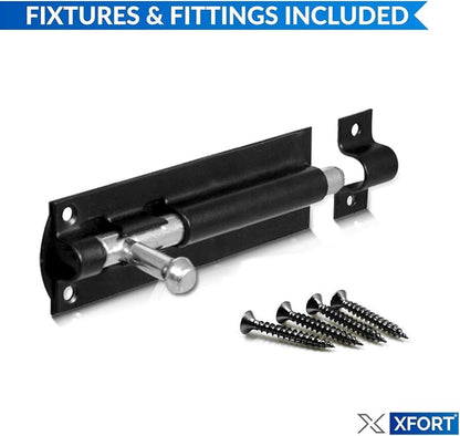 Black metal door closer with screws and 'Xfort' branding on a white background