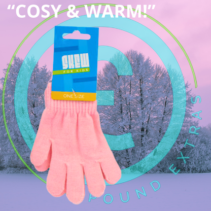 Pink gloves with a blue packaging label on a winter scene background