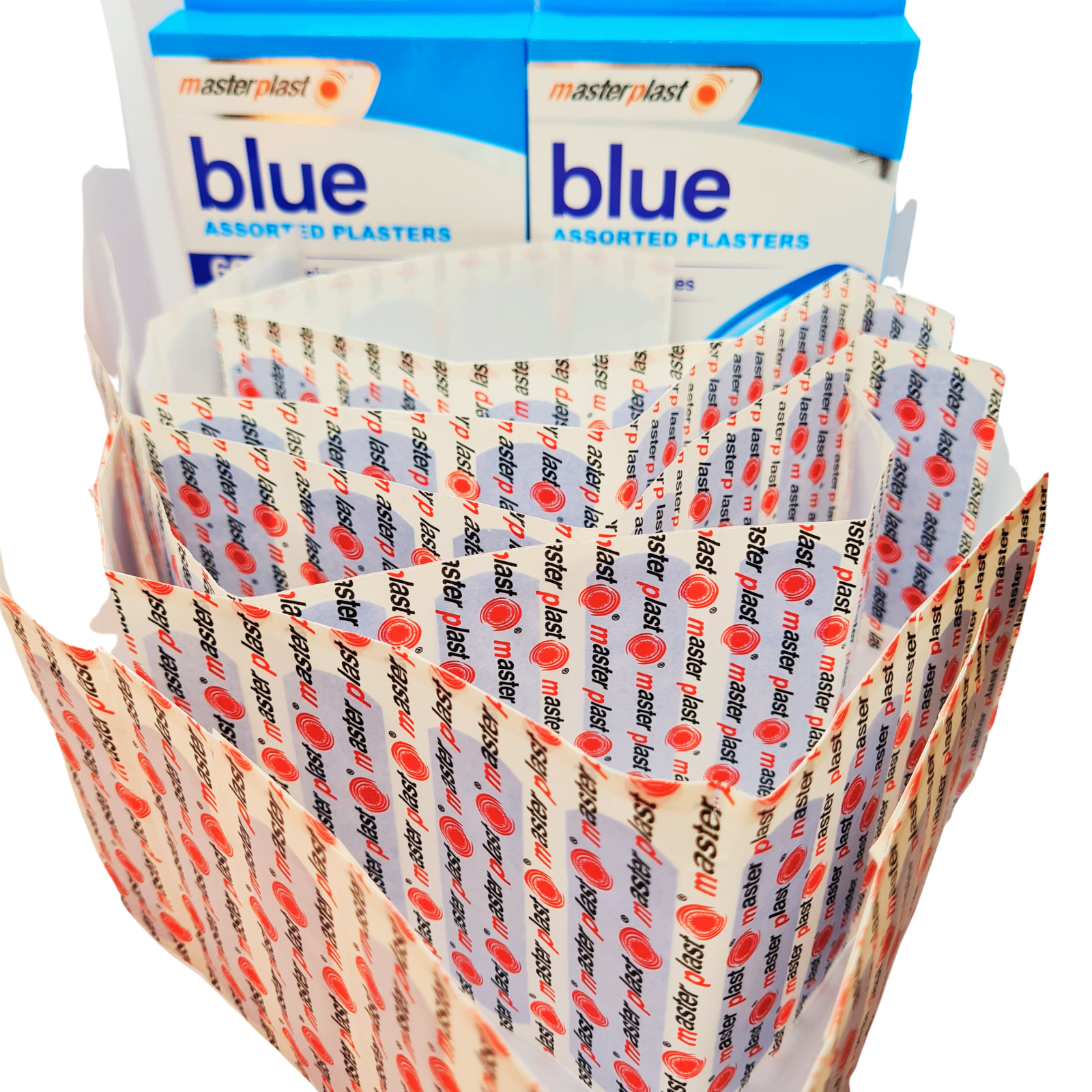 Assorted blue plasters in a display holder with masterplast branding.