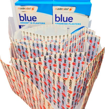 Assorted blue plasters in a display holder with masterplast branding.