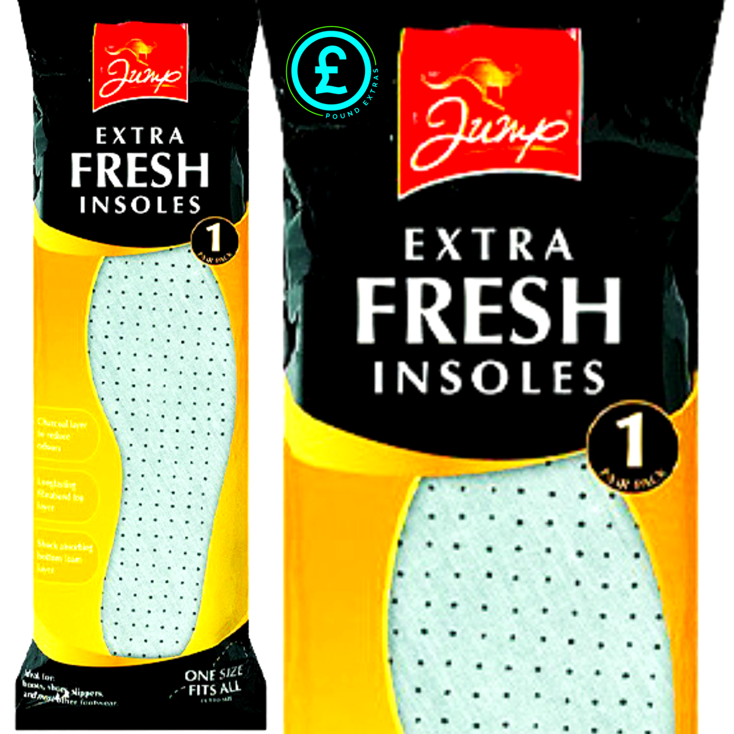 Two packages of Jump Extra Fresh Insoles with branding and product details.