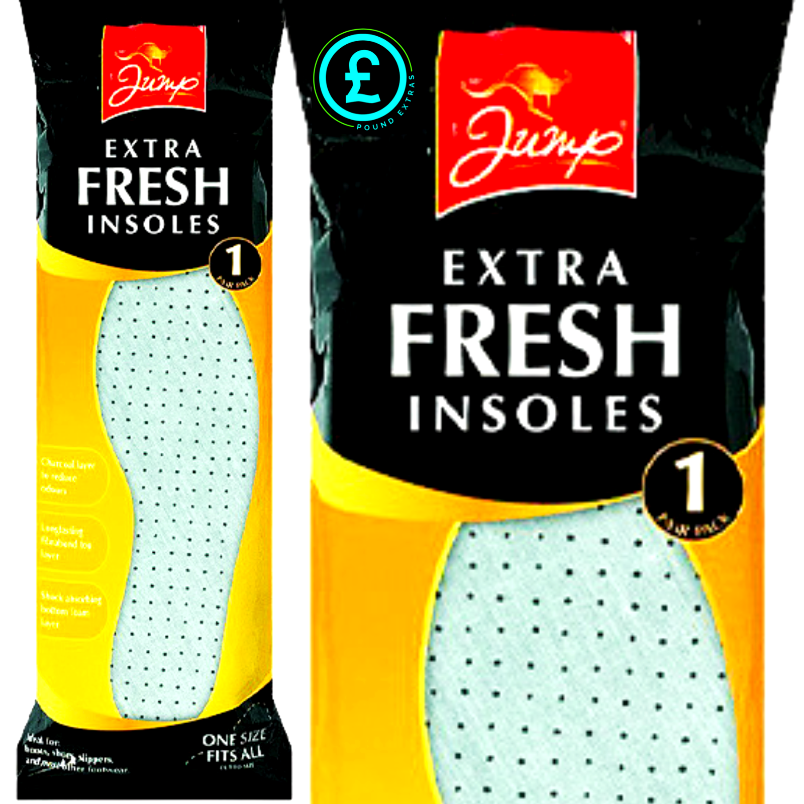 Two packages of Jump Extra Fresh Insoles with branding and product details.