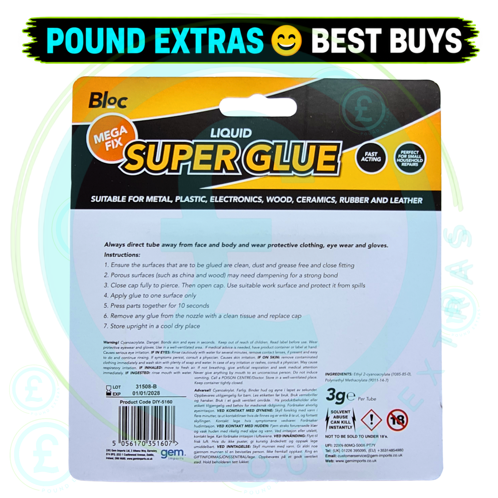 Super Glue Liquid 3g Tubes 5 Pack Bloc Fast Acting Strong Adhesive Bond DIY 7