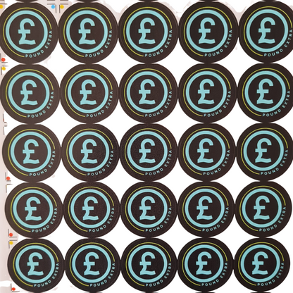 Multiple circular stickers with a pound symbol on a white background