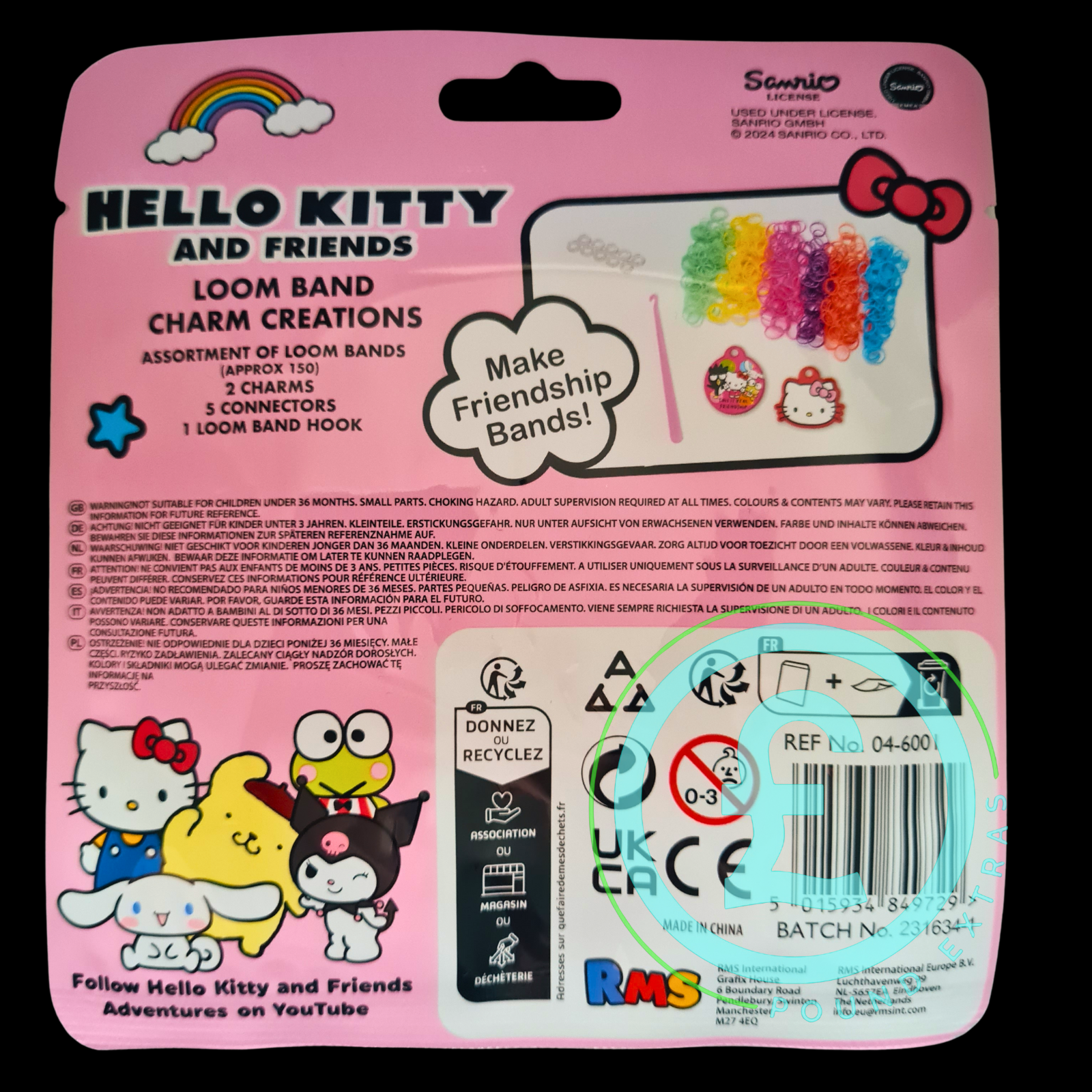 Hello Kitty and Friends loom band kit packaging with colorful loom bands and characters on a pink background.