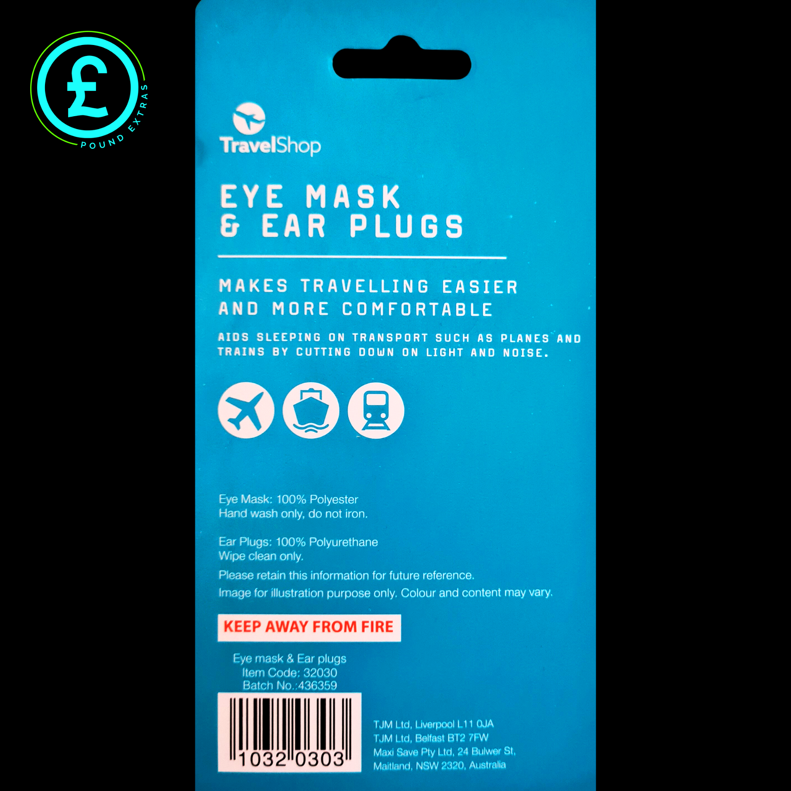 Blue packaging of eye mask and ear plugs with TravelShop branding.