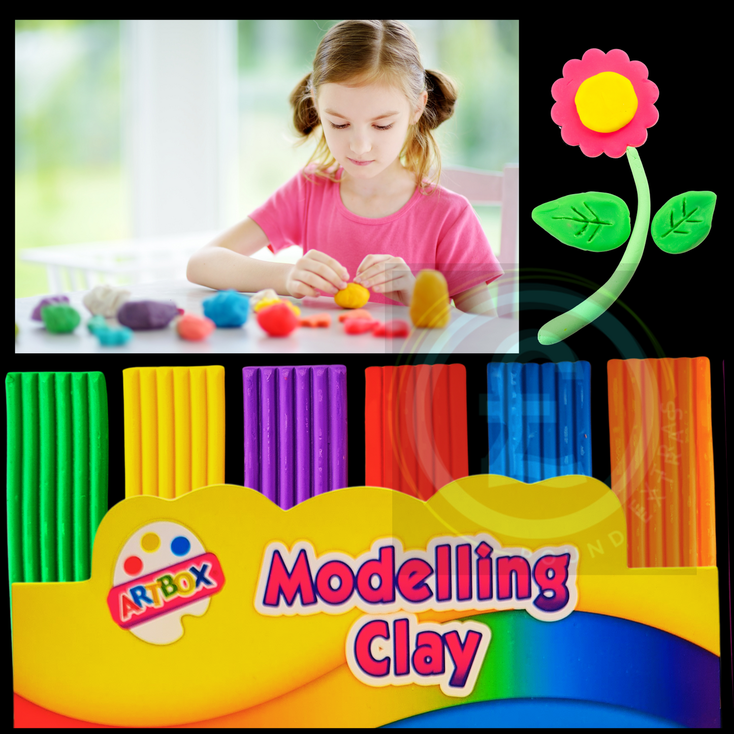 Collage of a child playing with colorful clay, a flower, and a box of modelling clay.