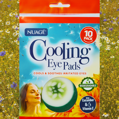 Pack of Nuage Cooling Eye Pads with a woman and cucumber illustration on a field background