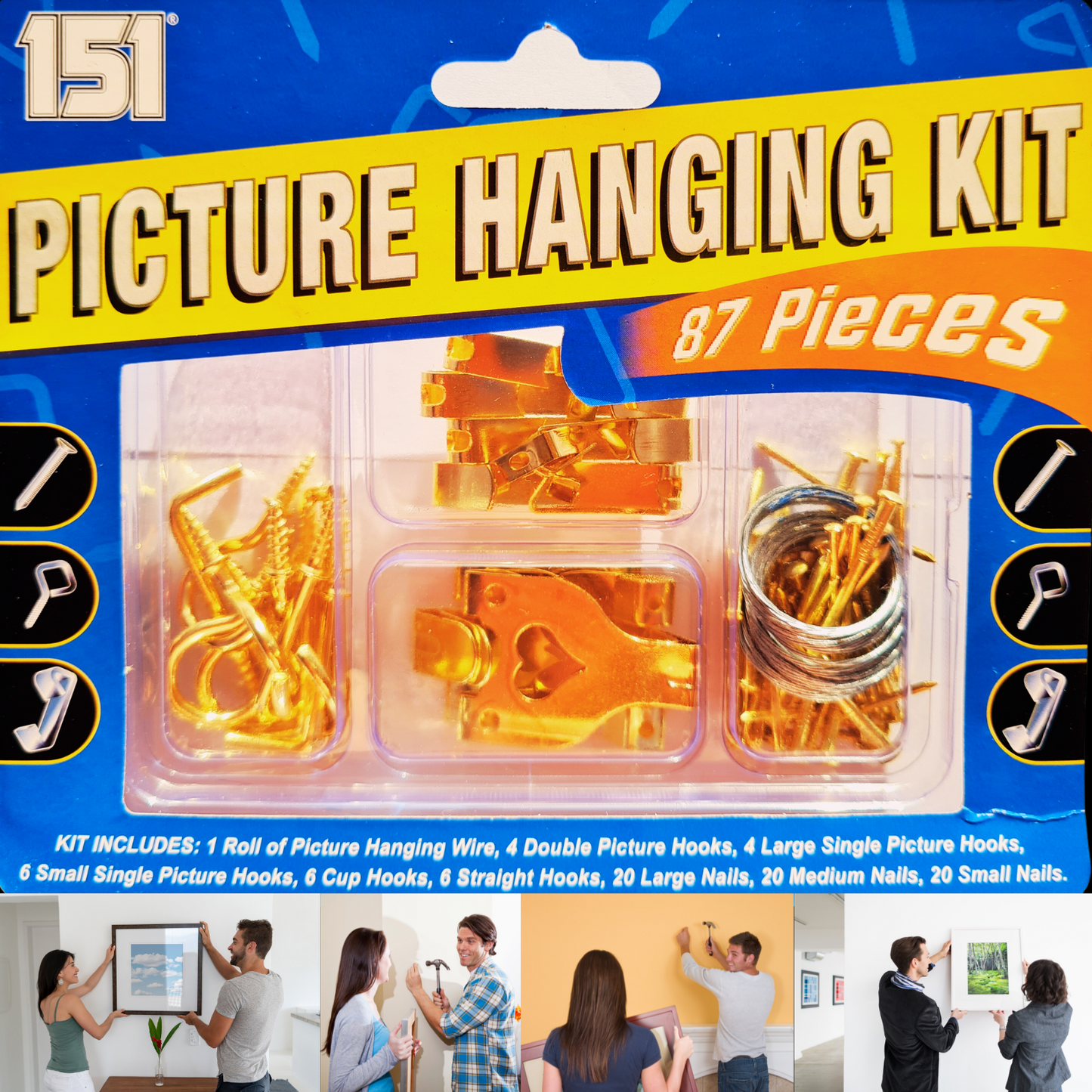 151 Picture Hanging Kit packaging with tools and people using the kit.