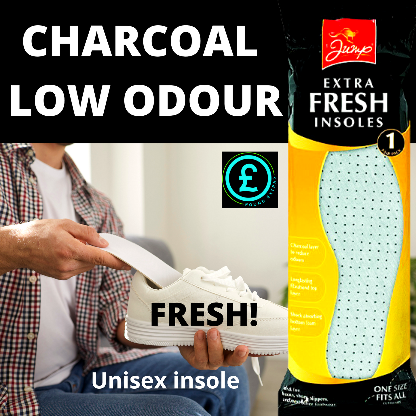 ❤️ POUND EXTRAS 😊 Charcoal anti-odour insoles 🦶 unisex, fresh-feet comfort for shoes, boots & slippers. Jump Extra Fresh design helps reduce odours & boost comfort.