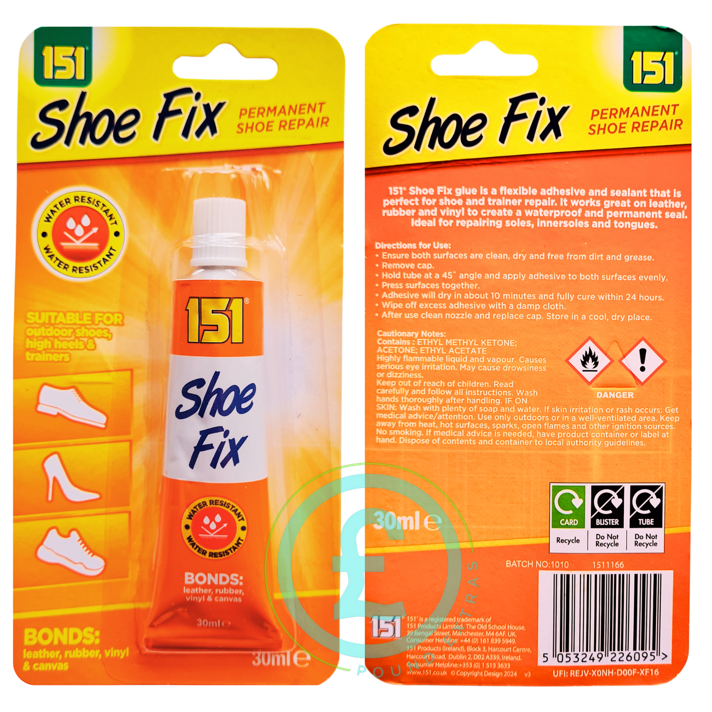 151 Shoe Fix permanent shoe repair packaging with glue tube on orange background