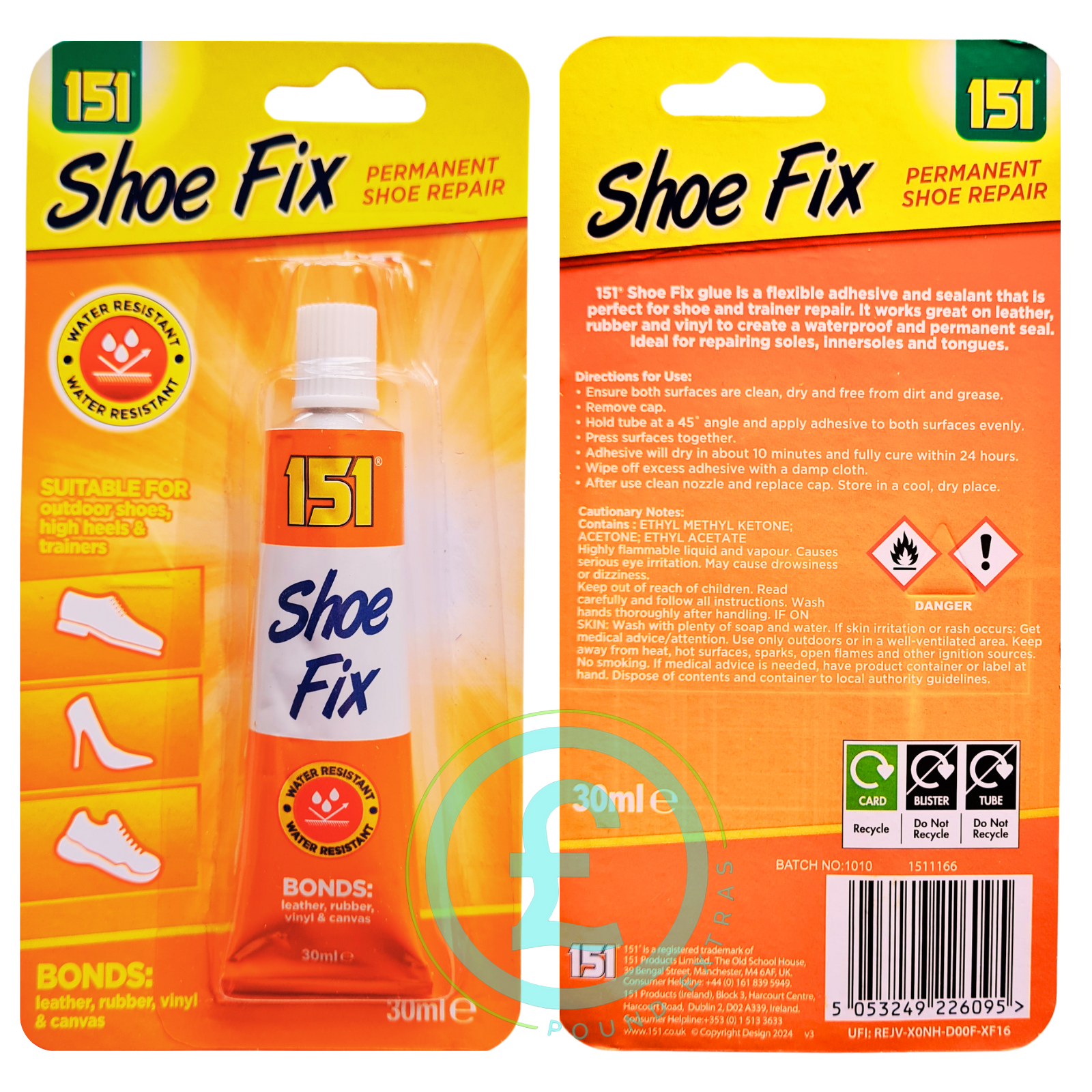 151 Shoe Fix permanent shoe repair packaging with glue tube on orange background