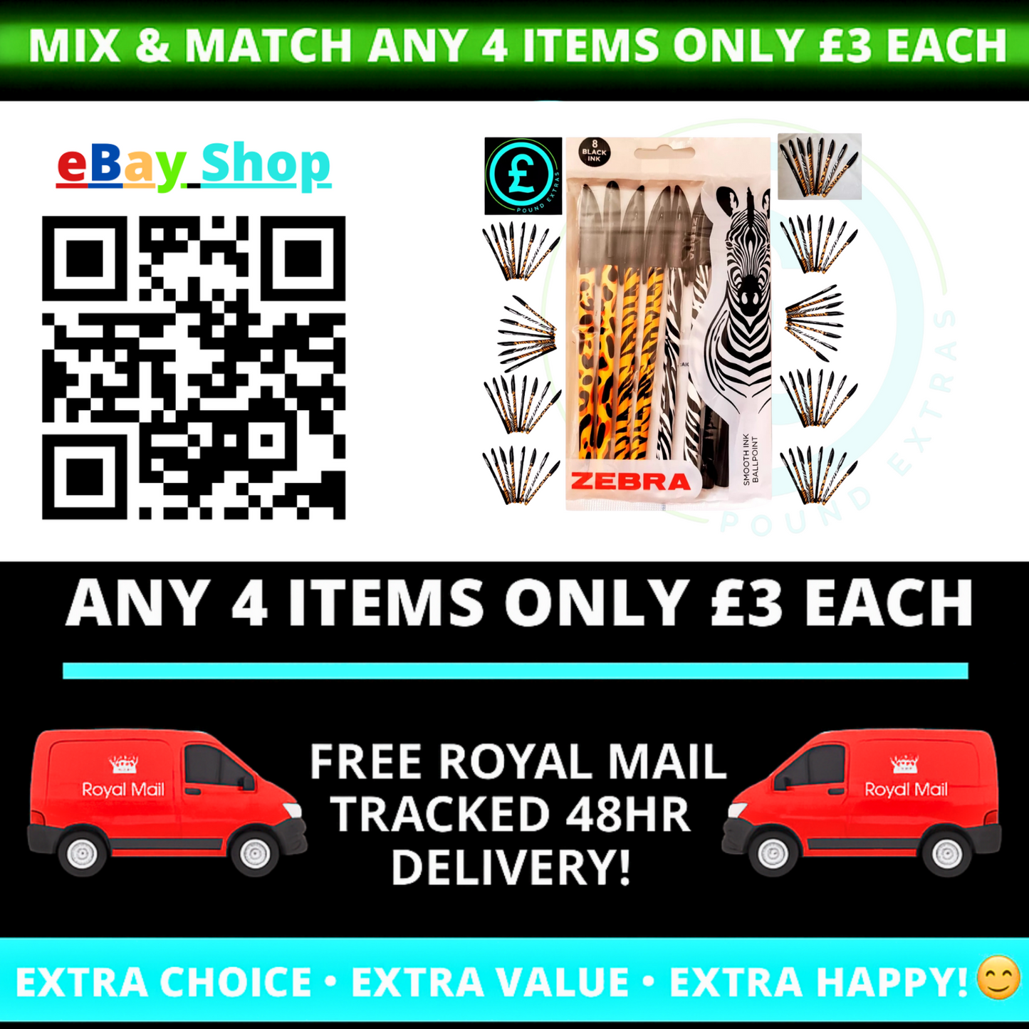 Promotional graphic for eBay Shop with zebra-themed products, a QR code, and Royal Mail delivery information.