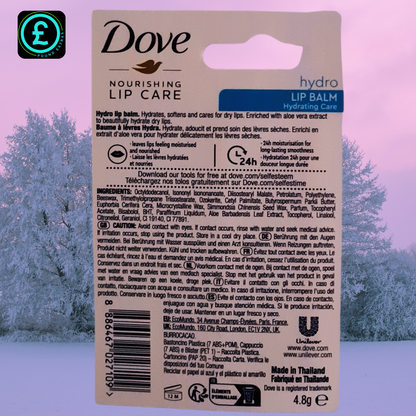 Dove lip balm packaging with a winter landscape background