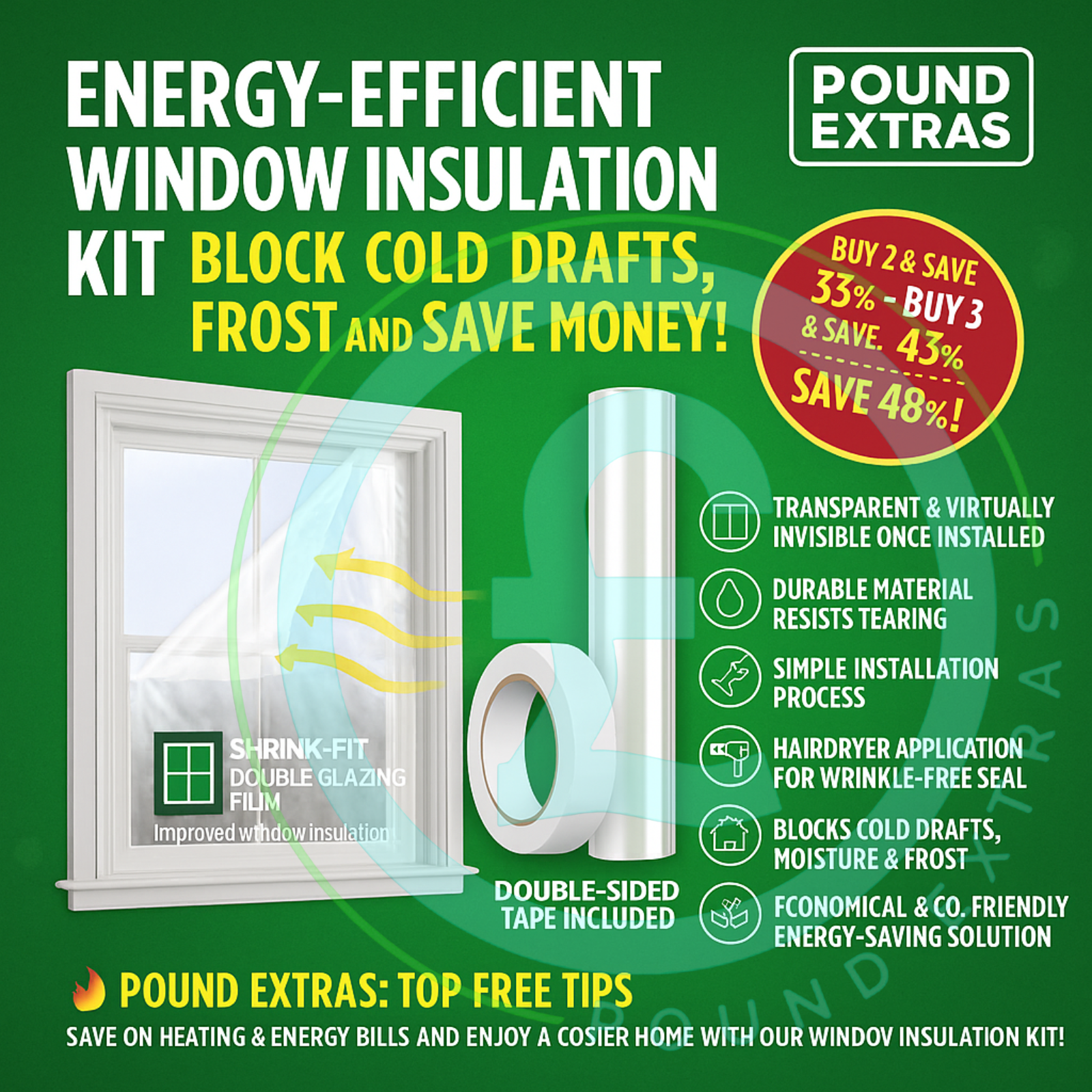 Energy-efficient window insulation kit with promotional text on a green background