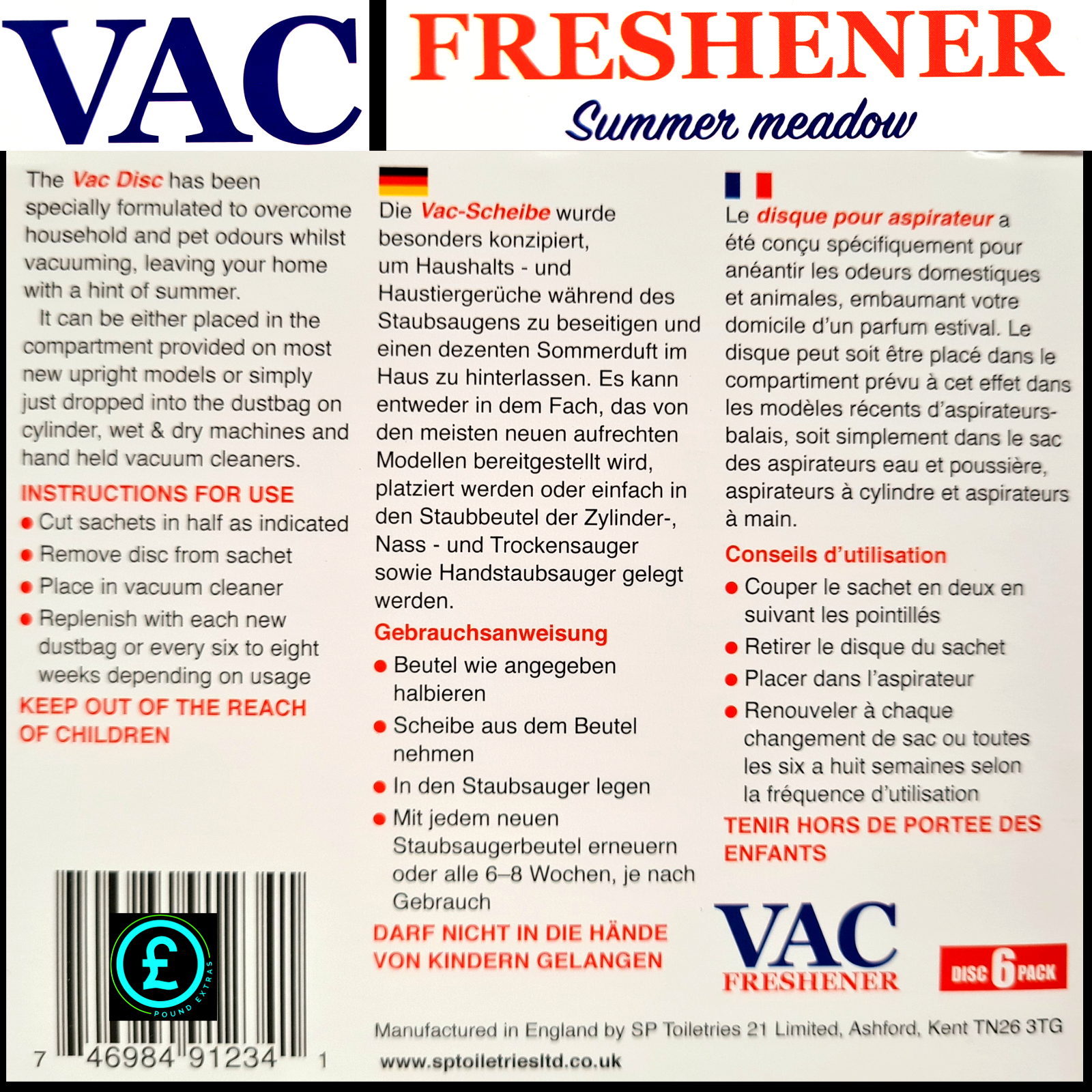 Vac freshener packaging with text and branding