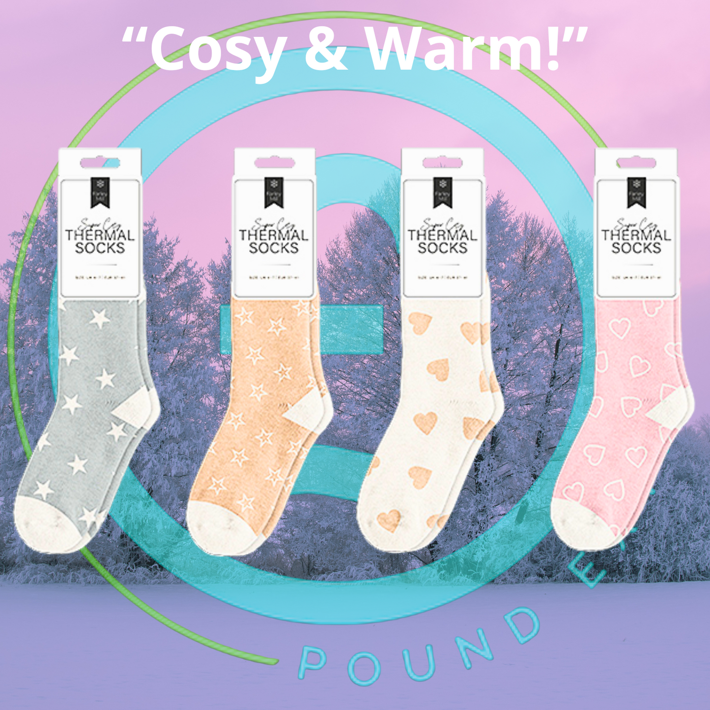 Four pairs of thermal socks with different patterns on a purple background with 'Cosy & Warm!' text.