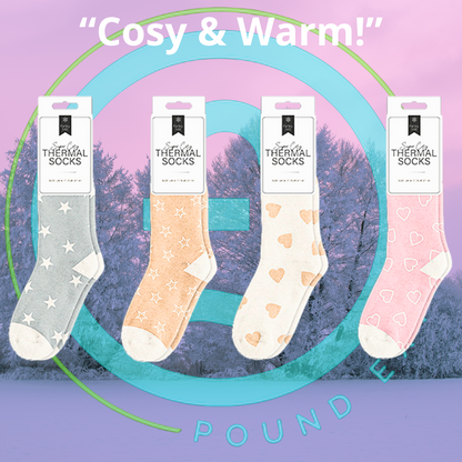 Four pairs of thermal socks with different patterns on a purple background with 'Cosy & Warm!' text.
