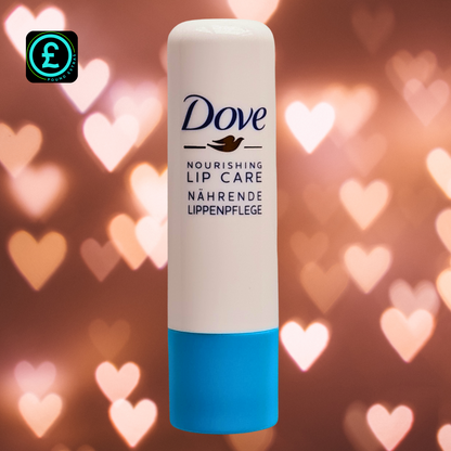 Dove lip balm with a heart-themed background
