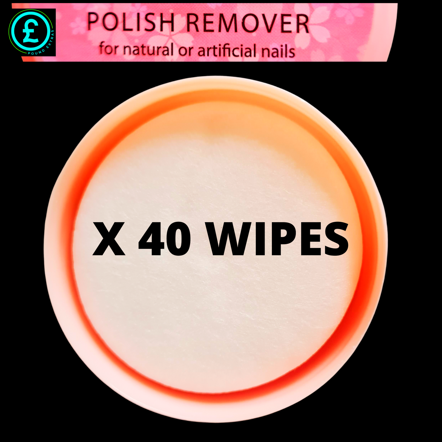 Polish remover wipes container with 'X 40 Wipes' text on a black background