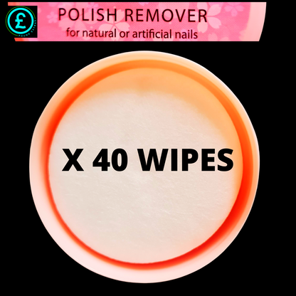 Polish remover wipes container with 'X 40 Wipes' text on a black background