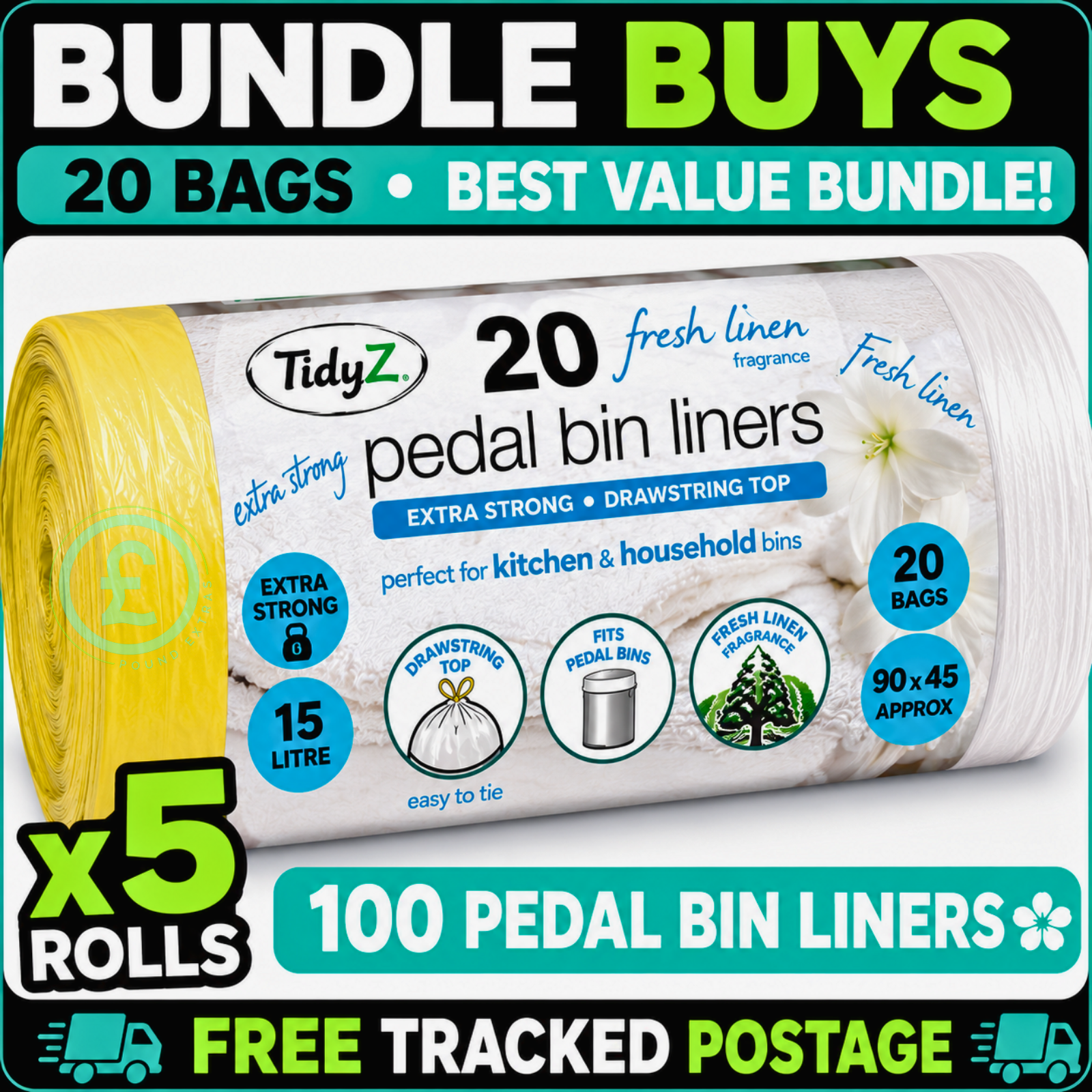 Pedal Bin Liners 100 Pack Bundle 15L Fresh Linen Drawstring Bags Fresh Scent1