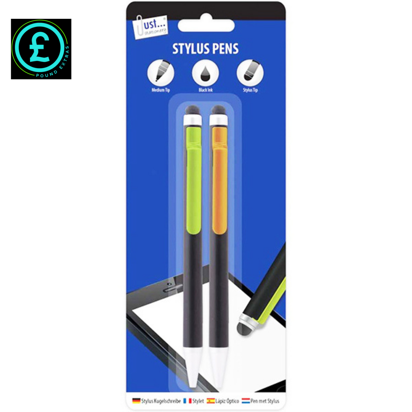 Packaging of stylus pens with blue background and visible brand logo.