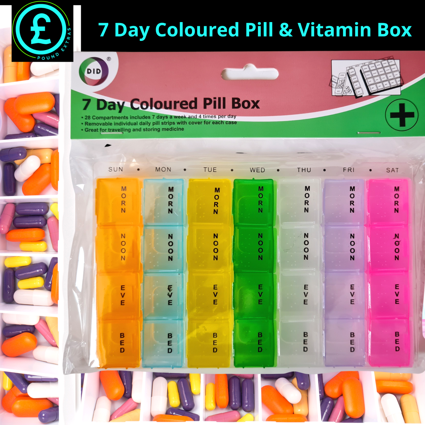 7-day coloured pill and vitamin box with colorful compartments and packaging.