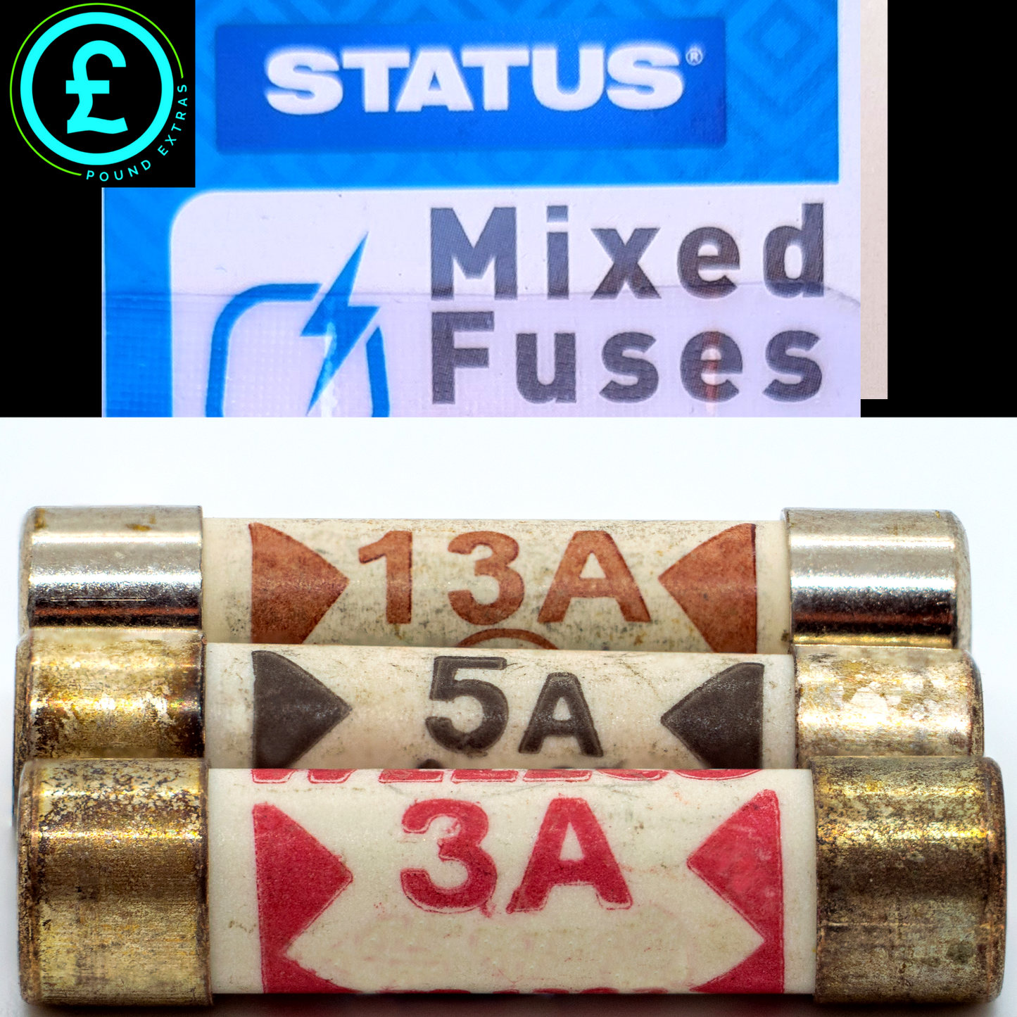 Mixed fuses with visible ratings and 'Status' branding.
