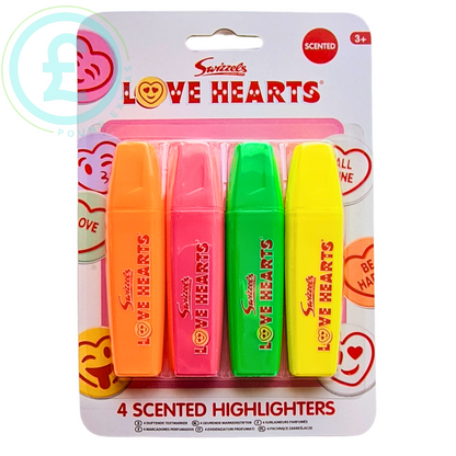 Pack of Scented Love Hearts highlighters with colorful packaging.