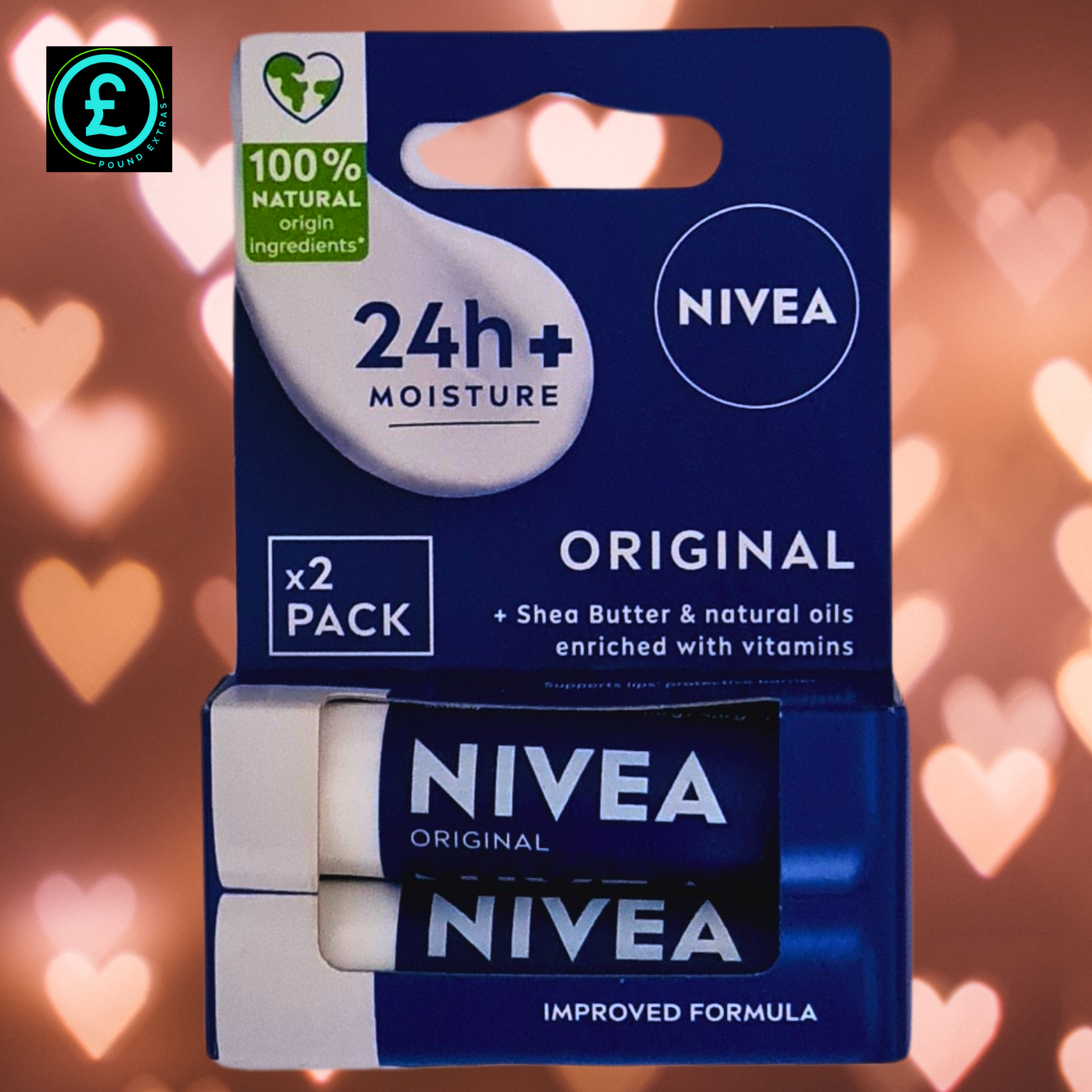 Nivea Original 24h+ Moisture cream packaging with a heart-shaped light background
