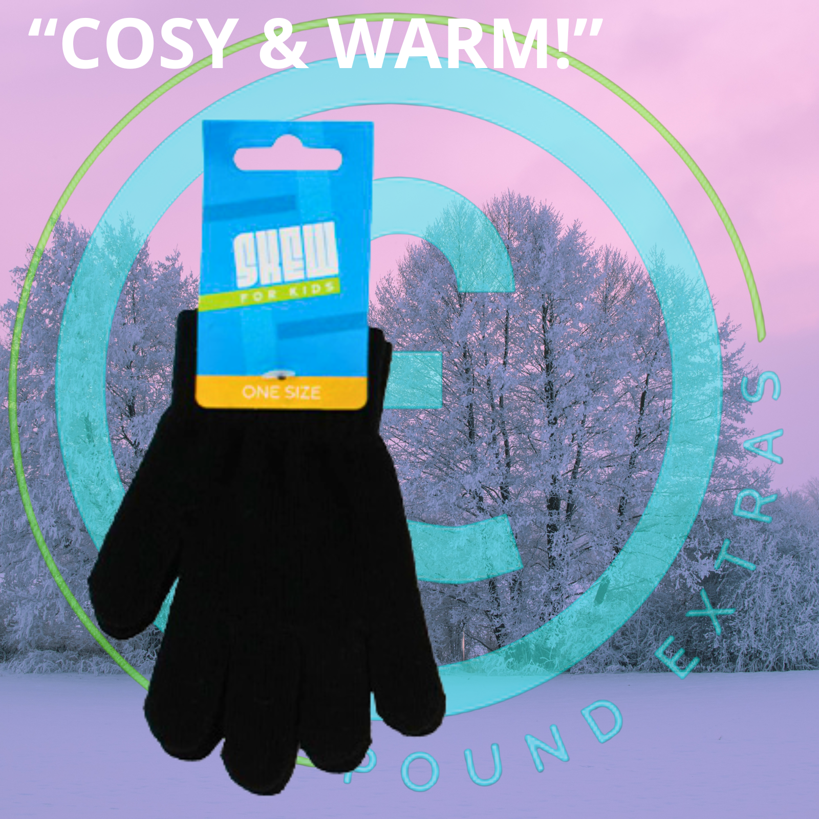 Black glove with packaging against a snowy background