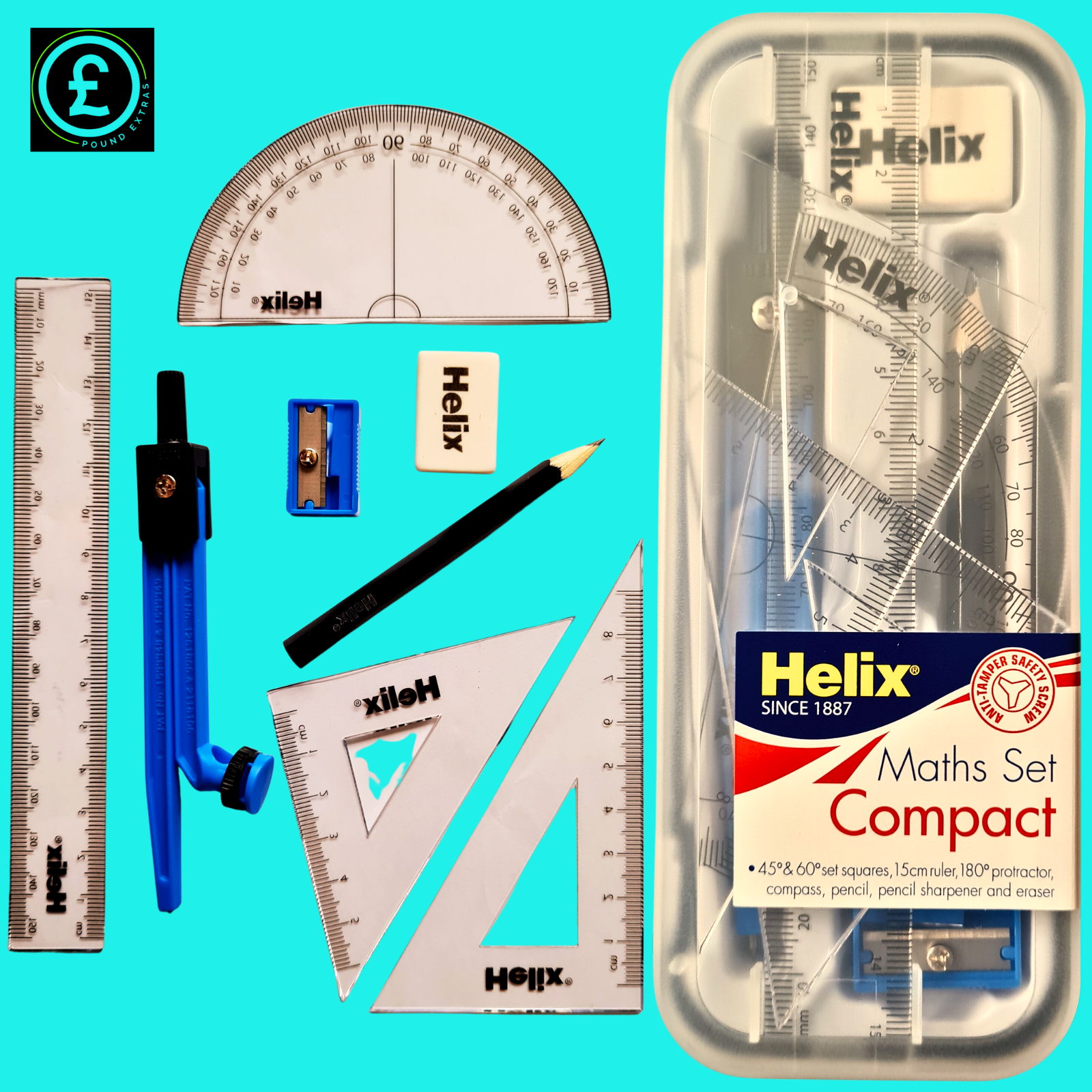Helix maths set with ruler, protractor, compass, pencil, sharpener, and eraser on a blue background.