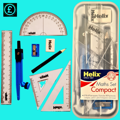 Helix maths set with ruler, protractor, compass, pencil, sharpener, and eraser on a blue background.