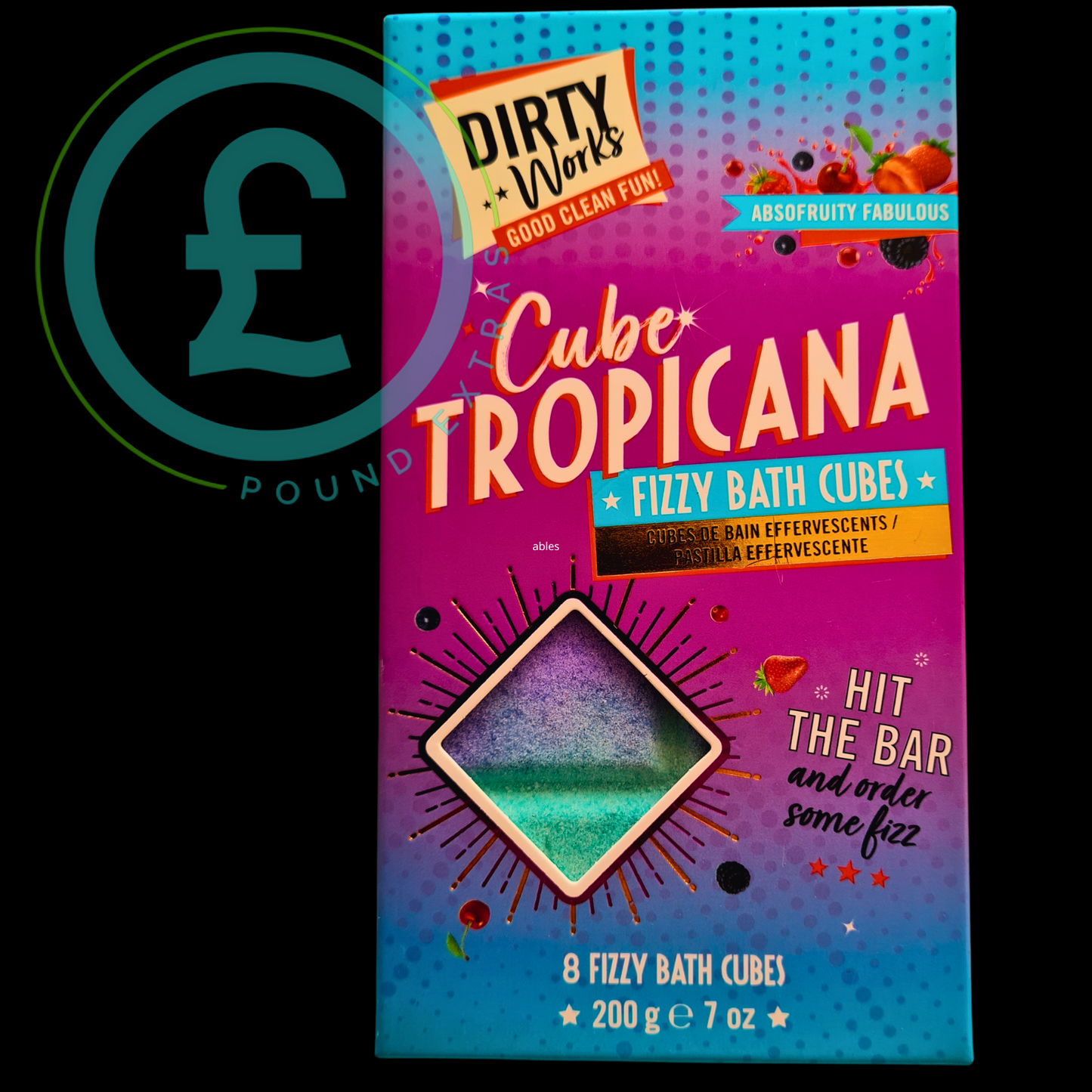 Box of Dirty Works Cube Tropicana Fizzy Bath Cubes with colorful design and text.