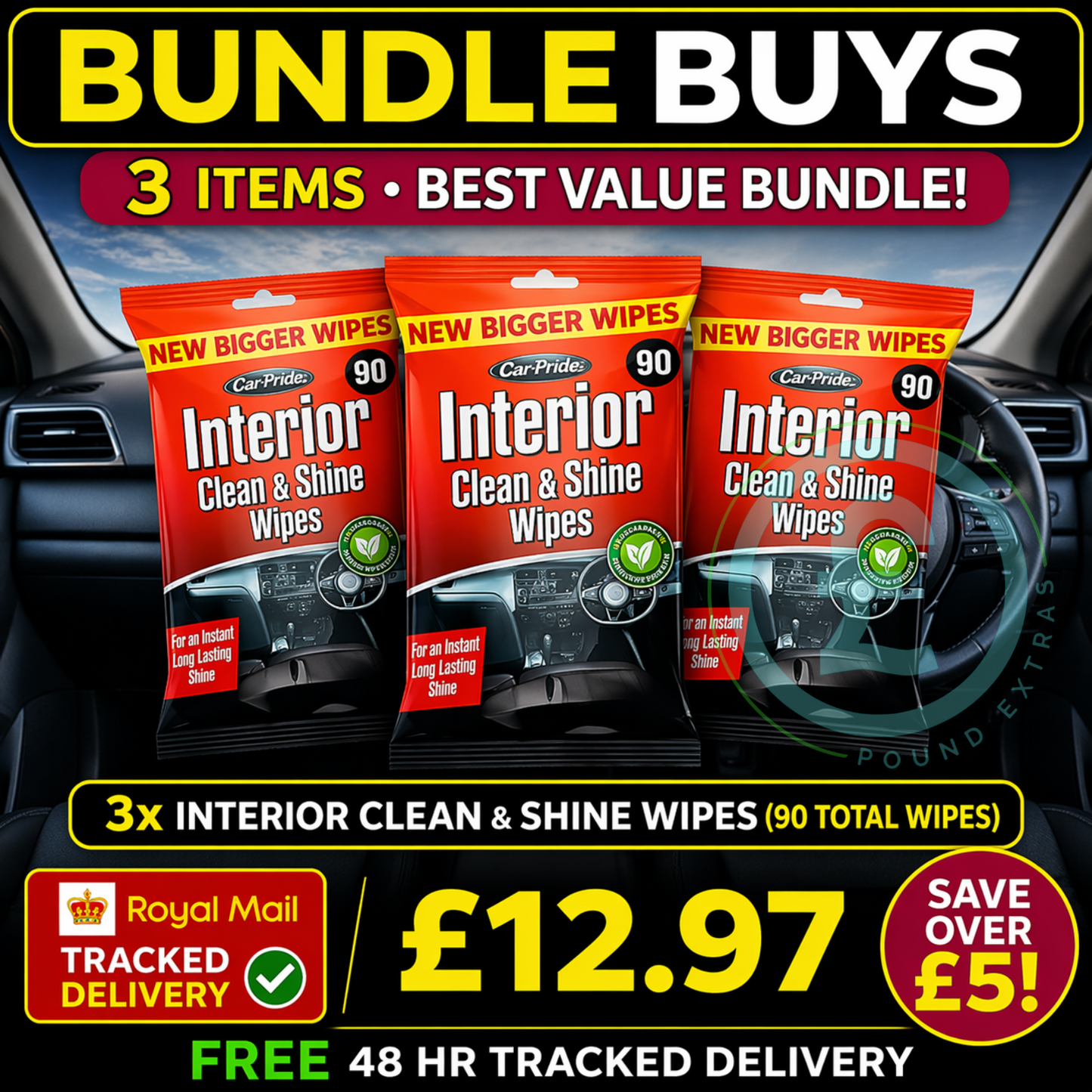 Car Interior Wipes 90 Pack Bundle Clean & Shine Dashboard Plastic Trim 3 Pack0