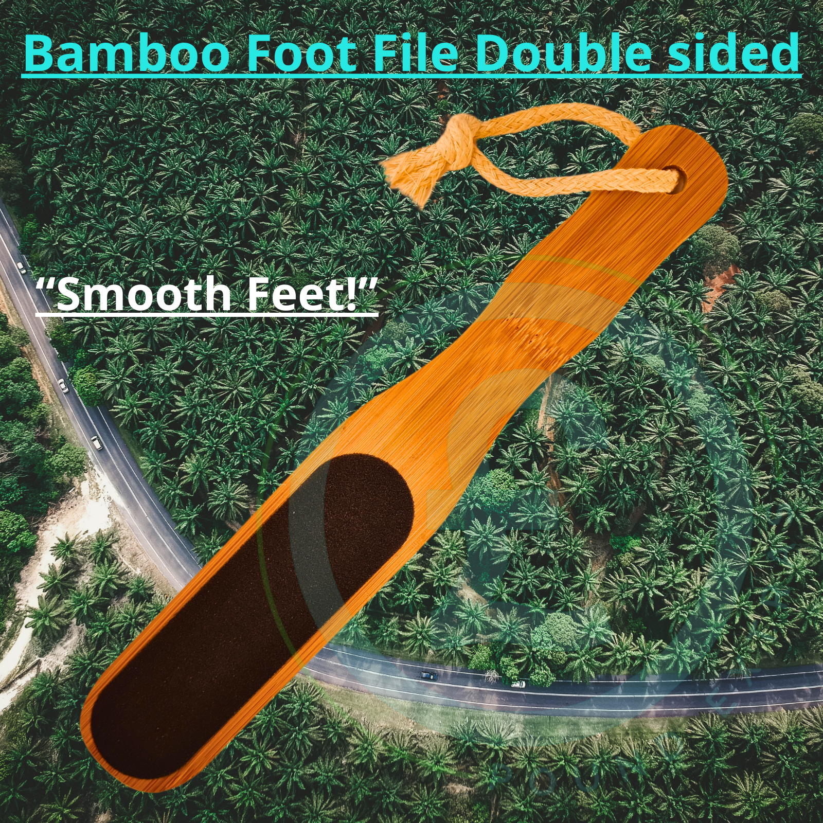 Bamboo foot file with text 'Bamboo Foot File Double sided' and 'Smooth Feet!' on a tropical background.