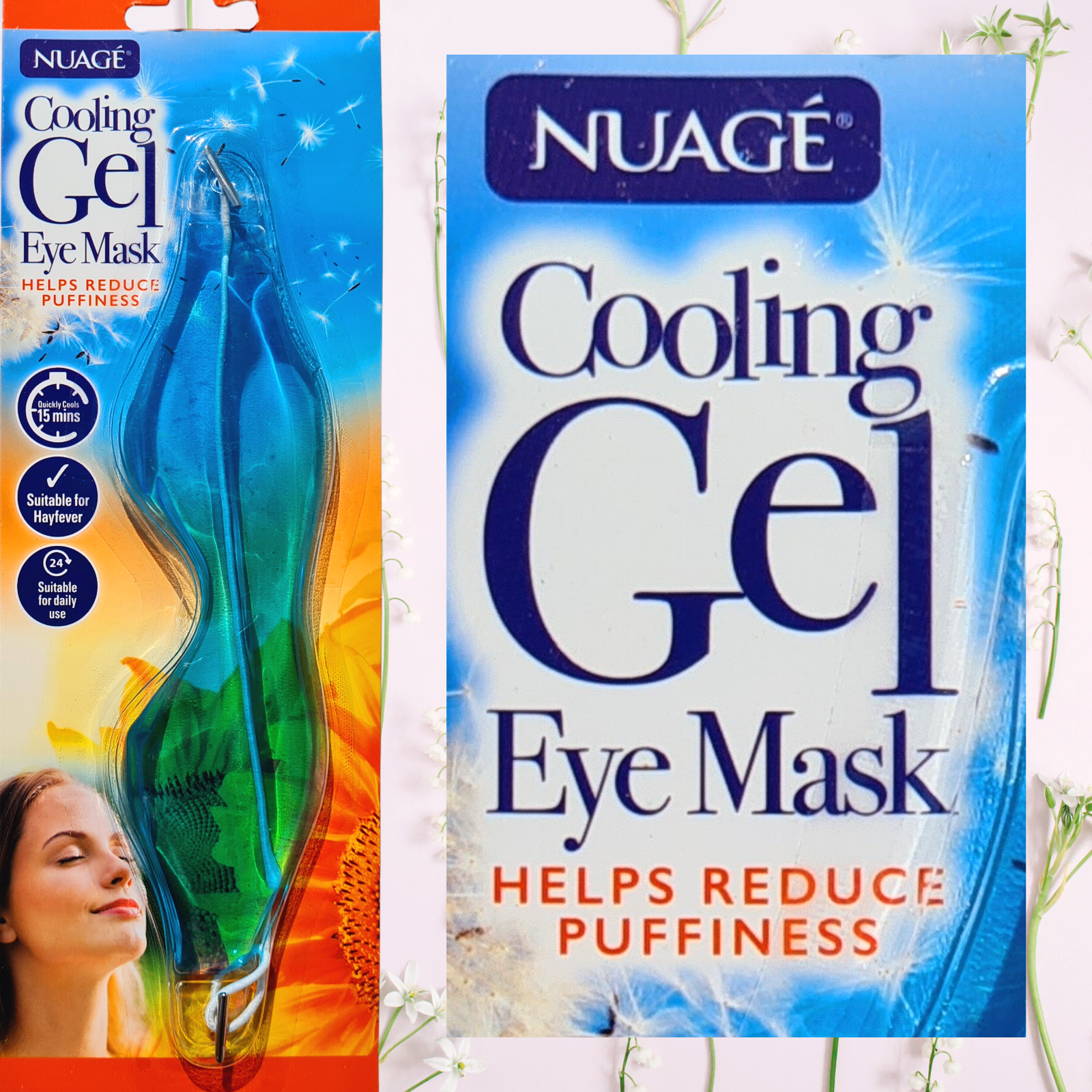 Nuage Cooling Gel Eye Mask packaging with a woman's face on a colorful background