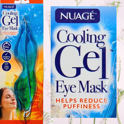 Nuage Cooling Gel Eye Mask packaging with a woman's face on a colorful background