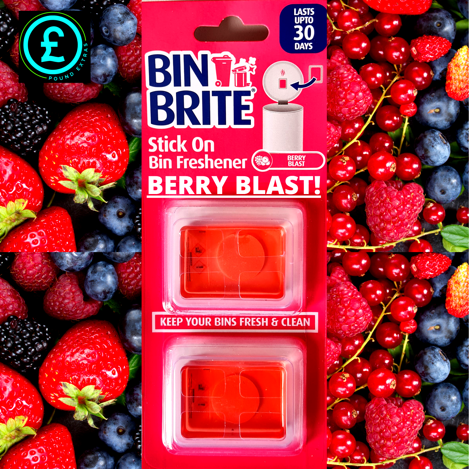 Bin Brite Berry Blast bin freshener packaging surrounded by berries
