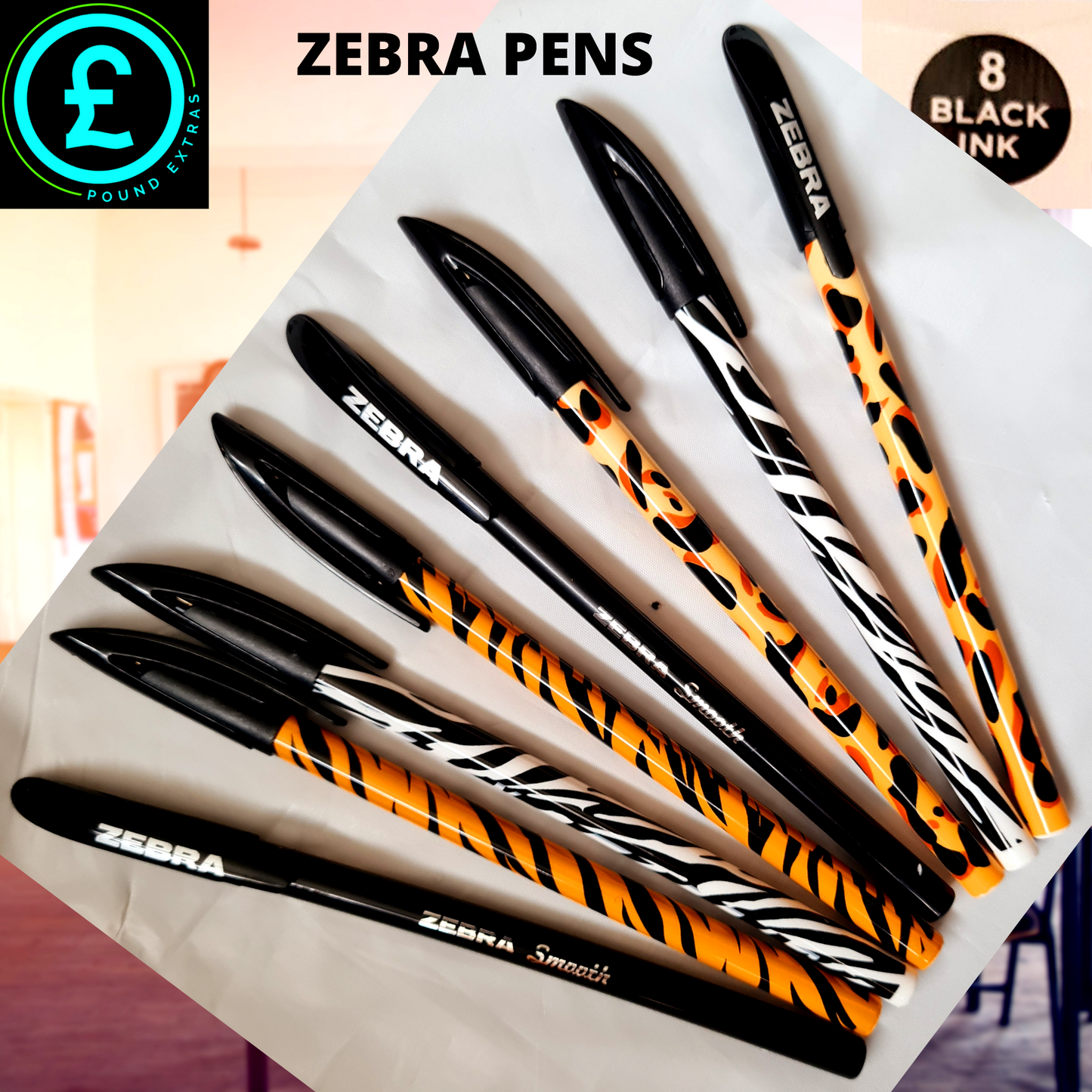Pack of Zebra pens with black and orange design on a white background
