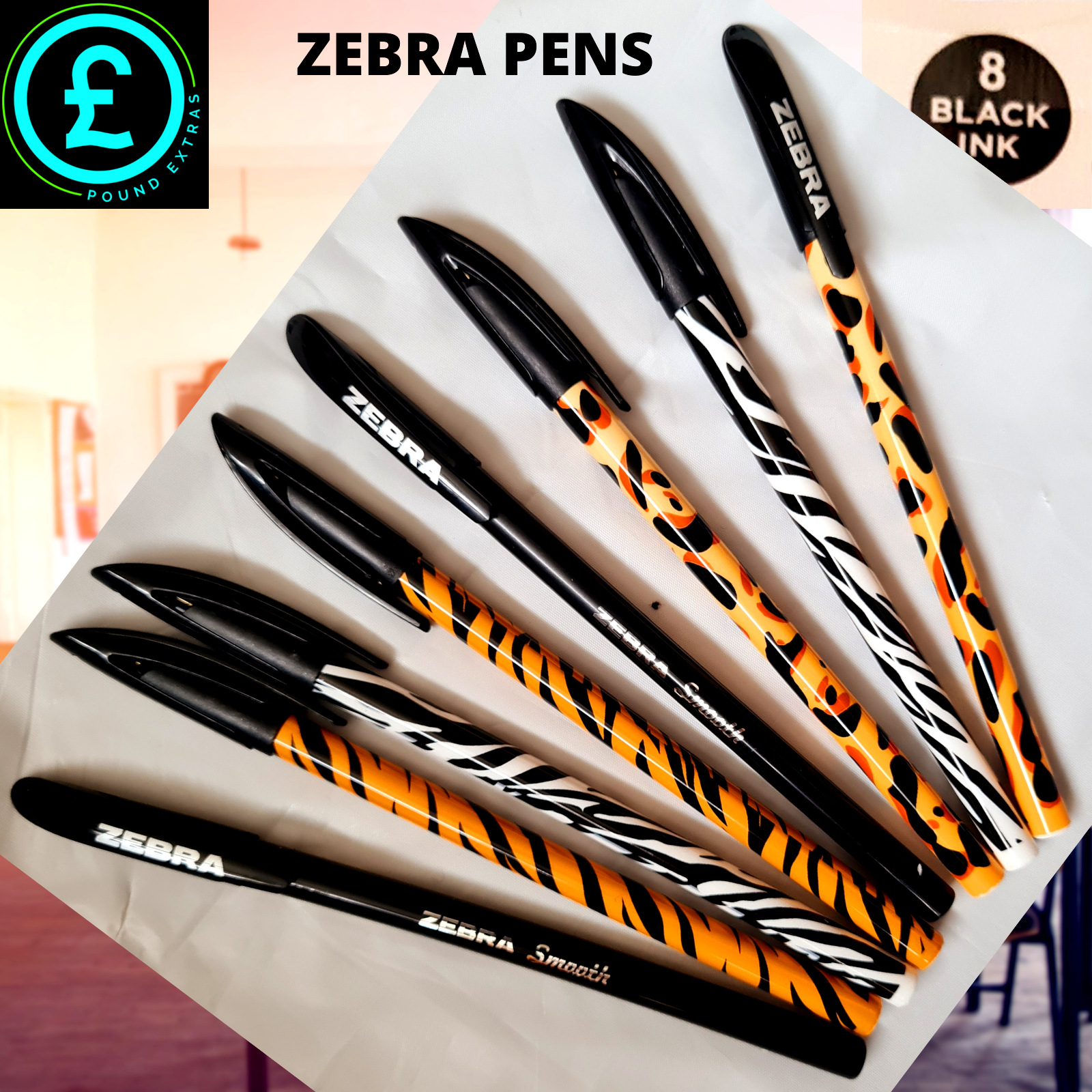 Pack of Zebra pens with black and orange design on a white background