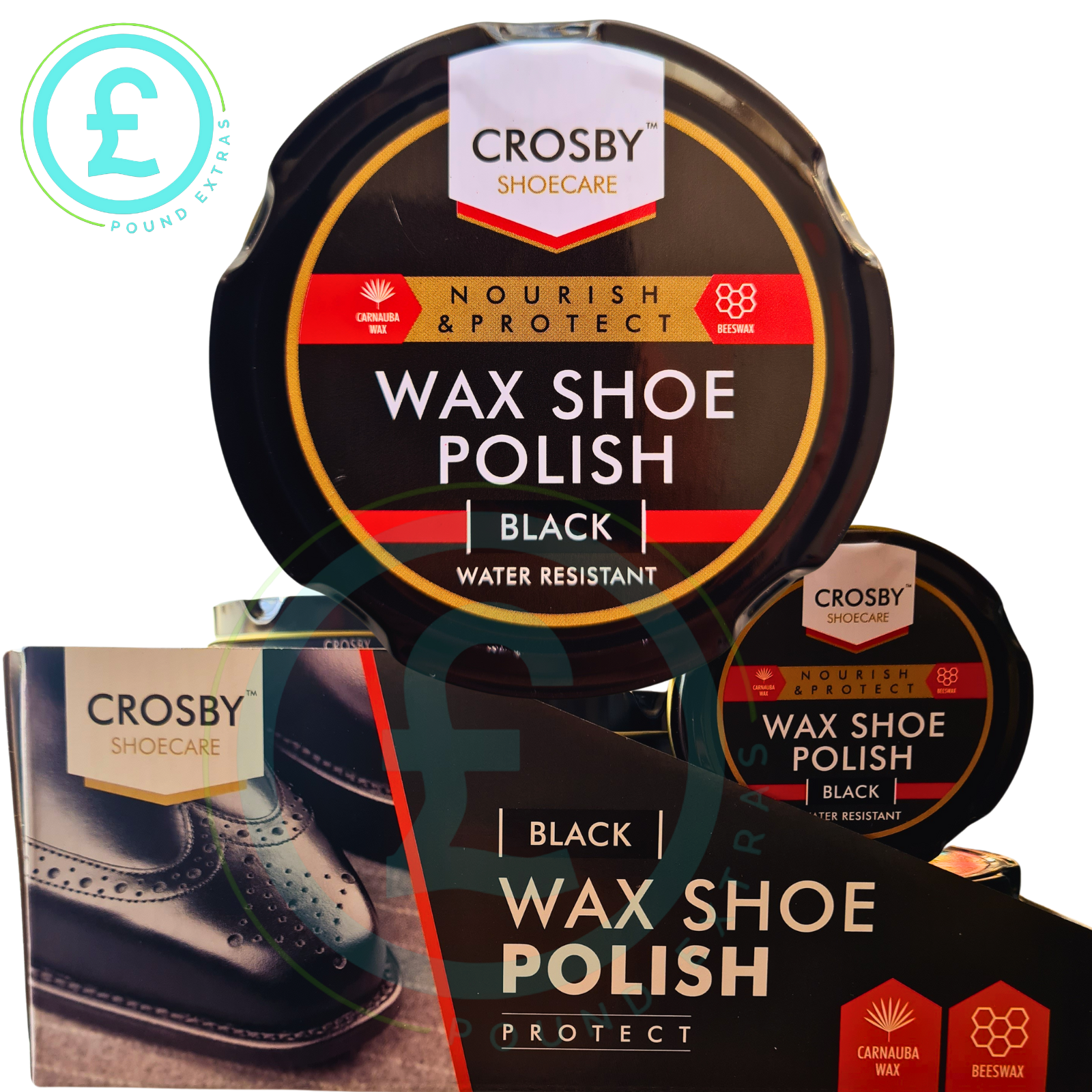 Crosby Shoe Care Wax Shoe Polish with packaging and a sample bottle on a white background