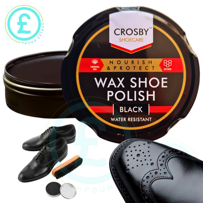 Crosby Wax Shoe Polish with shoes and tools on a white background