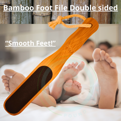 Bamboo foot file with text 'Smooth Feet!' and 'Bamboo Foot File Double sided' on a blurred background of people lying down.