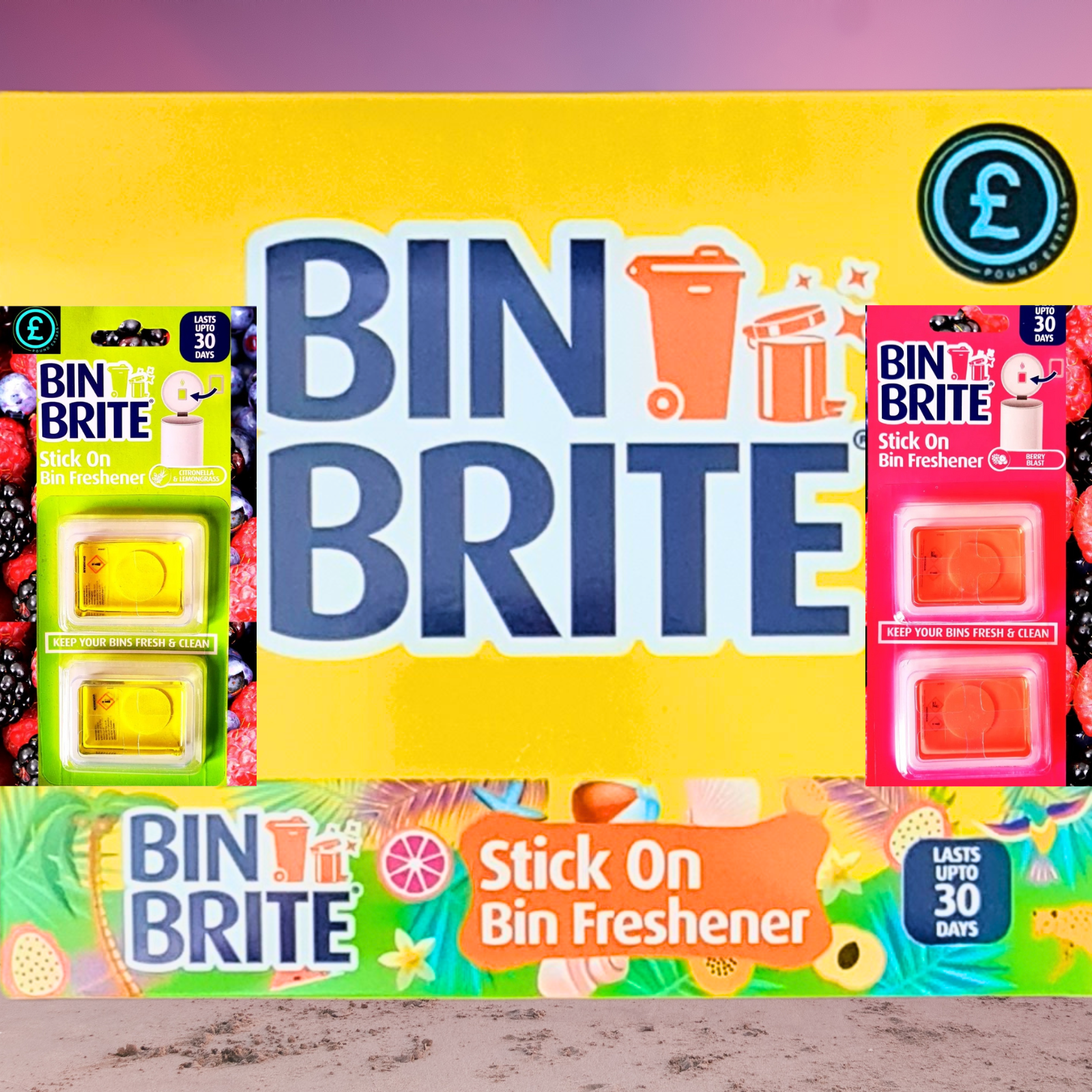 BIN BRITE packaging with colorful designs and text on a yellow background